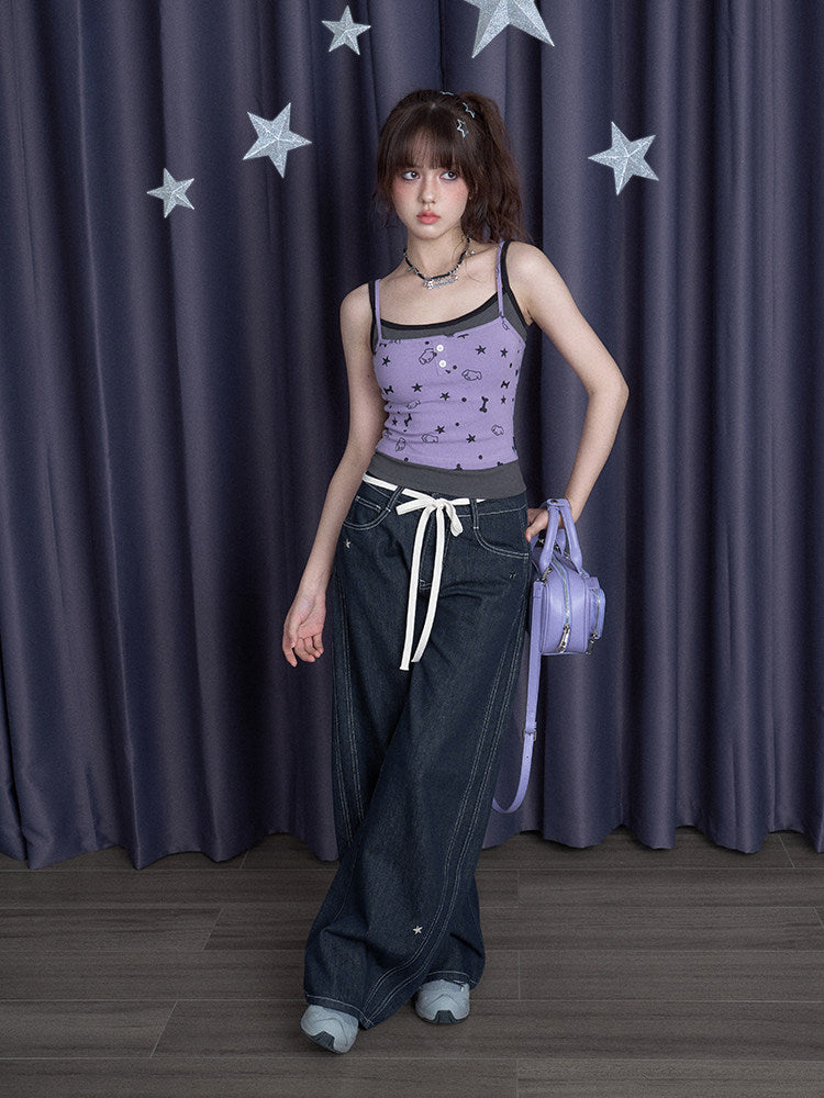 Dark Wash Star Drawstring Wide Leg Jeans
