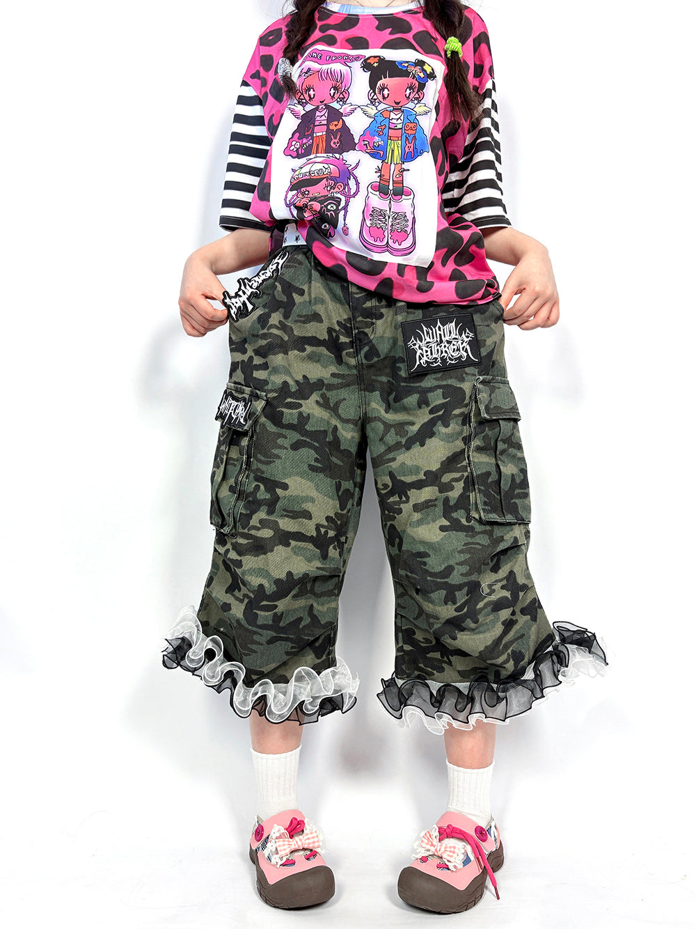Camo Ruffle Hem Cargo Pants