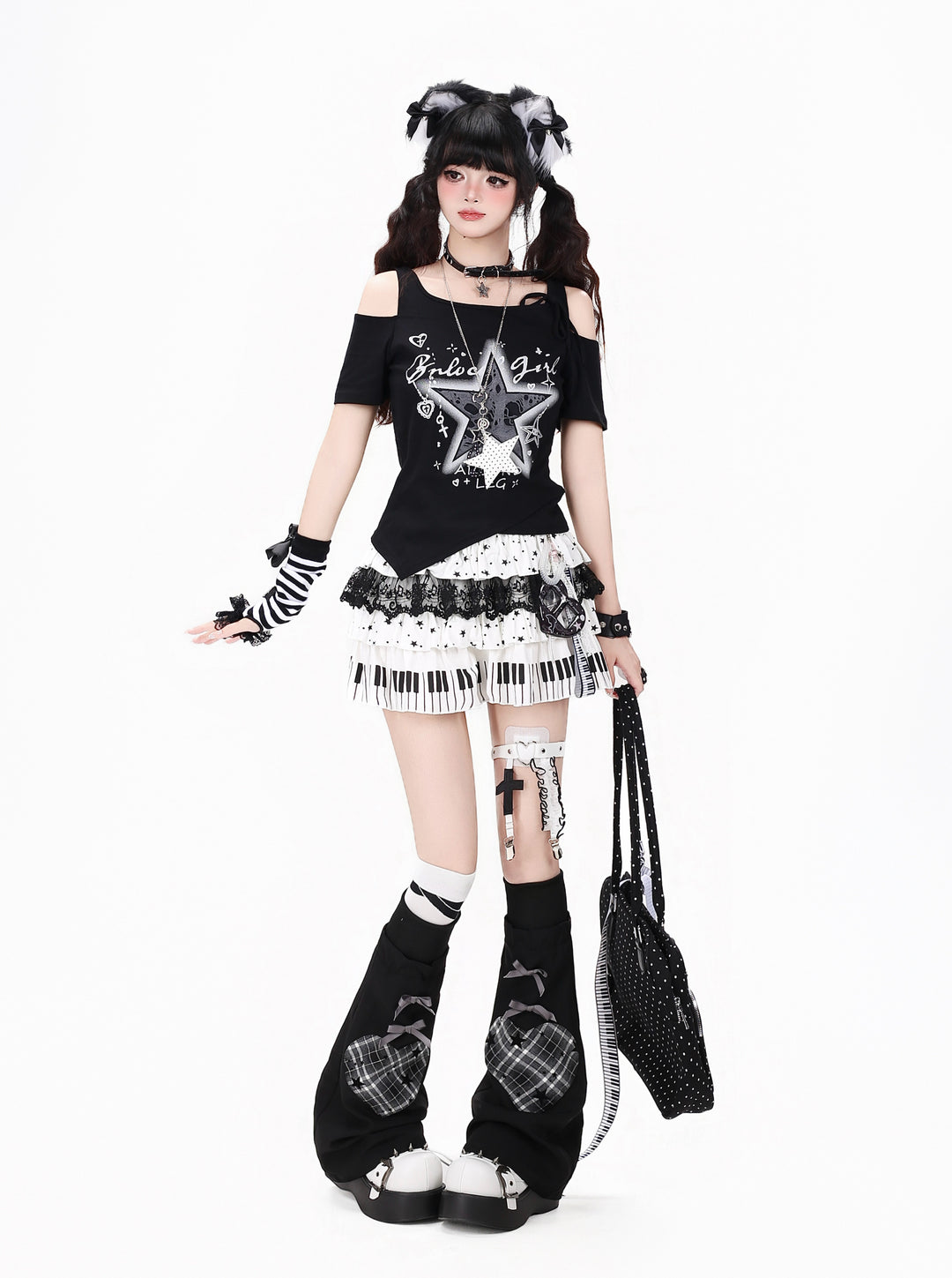 Star Graphic T-Shirt Piano Key Skirt