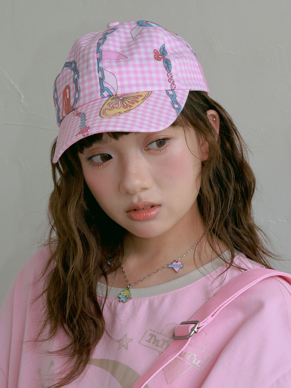 Pink Gingham Chain Print Baseball Cap