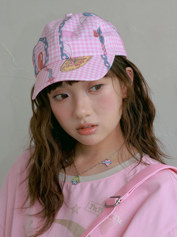 Pink Gingham Chain Print Baseball Cap