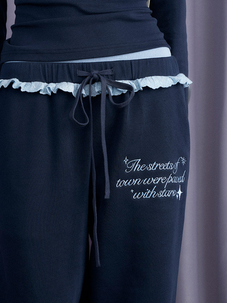 Navy Ruffle Waist Wide Leg Pants