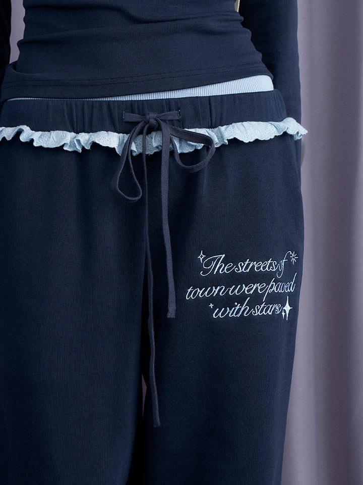 Navy Ruffle Waist Wide Leg Pants