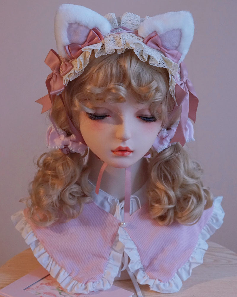 Pink and White Cat Ear Bow Headband