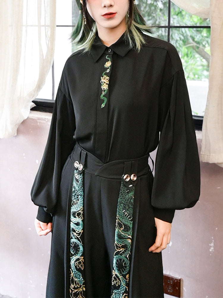 Black Chinese-style shirt with snake embroidery