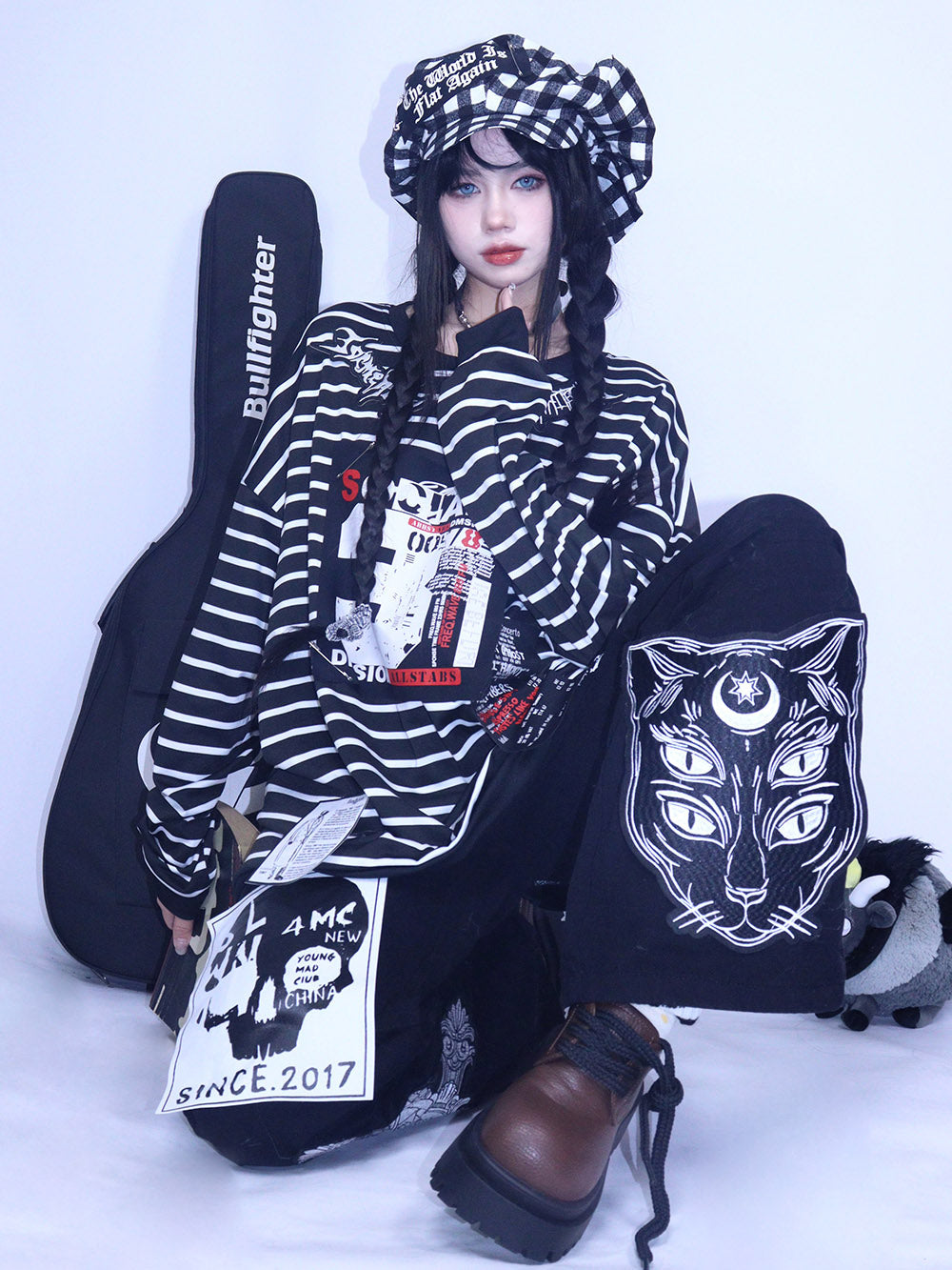 Black Gothic Cat Cross Cargo Pants