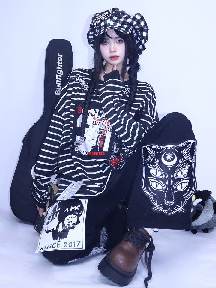 Black Gothic Cat Cross Cargo Pants