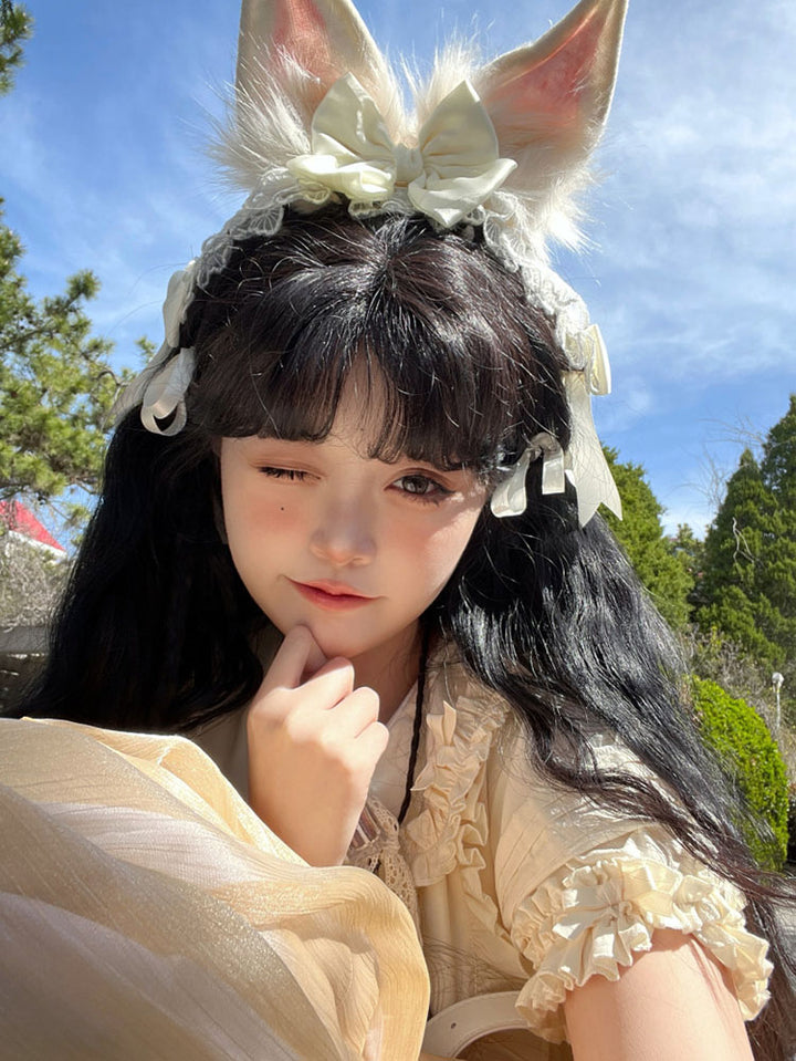 Cream Bunny Ear Lace Headband Pair