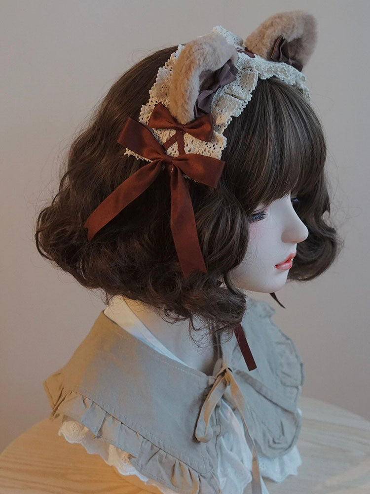 Brown Cat Ear Lace Bow Headband