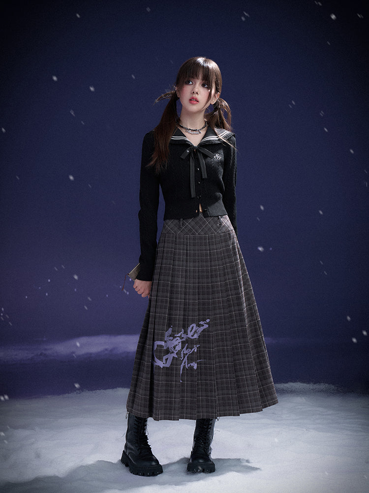 Black Sailor Collar Faux Two-Piece Knit Cable Sweater Cardigan