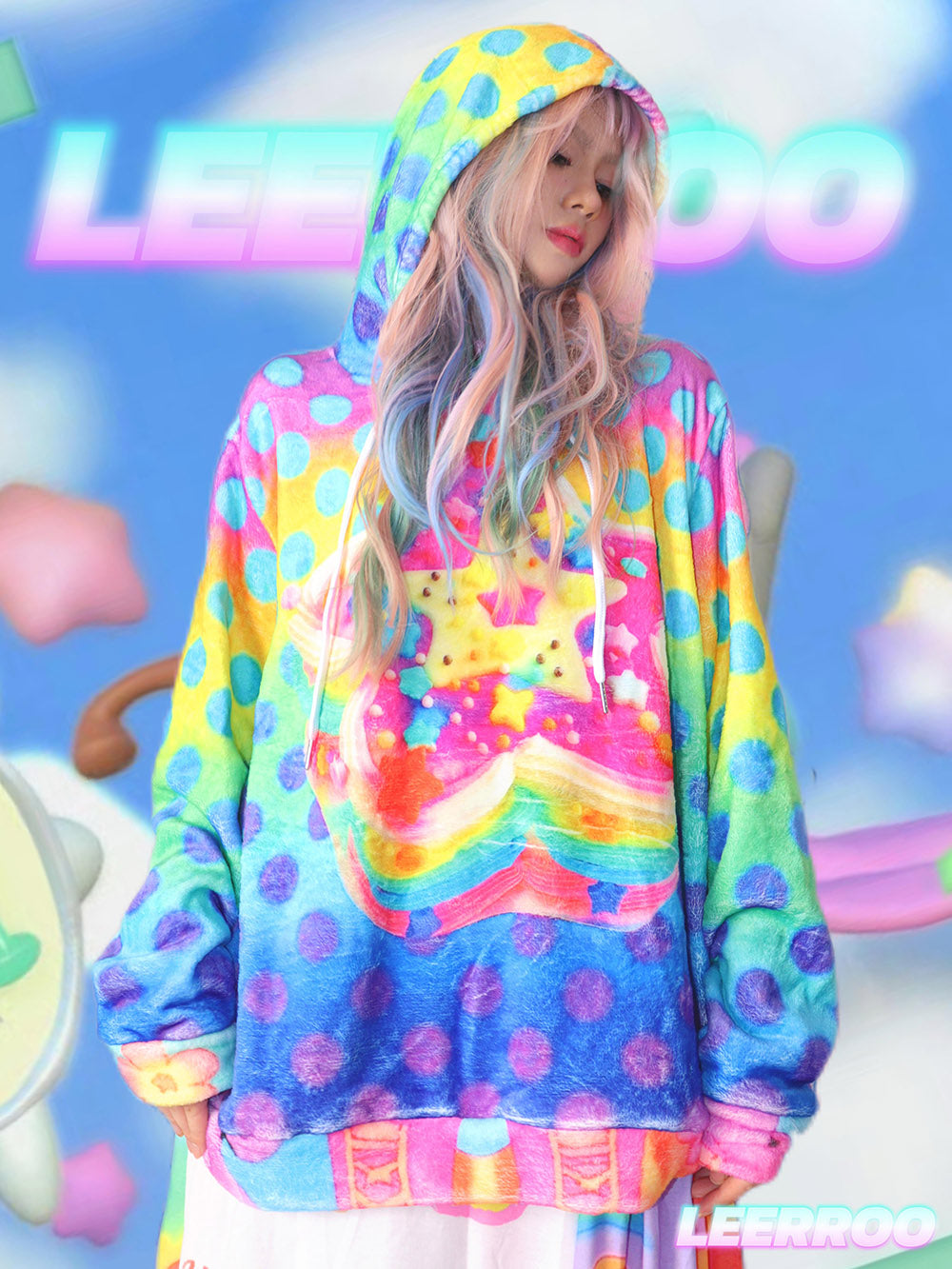 Rainbow Polka Dot Star Fuzzy Hoodie