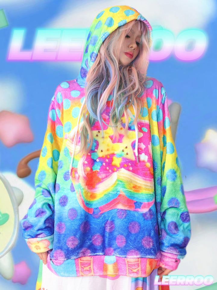 Rainbow Polka Dot Star Fuzzy Hoodie