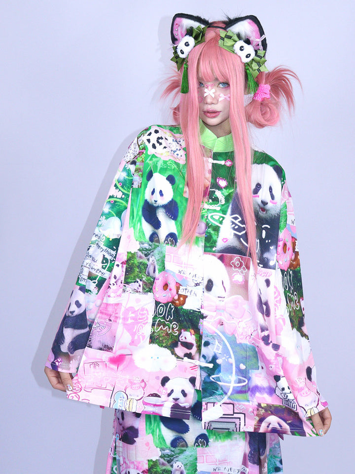 Pink Panda Collage Mandarin Collar Shirt