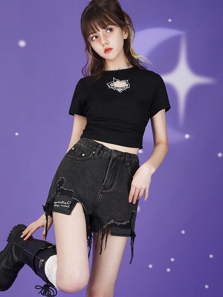 Black Distressed Patchwork Shorts