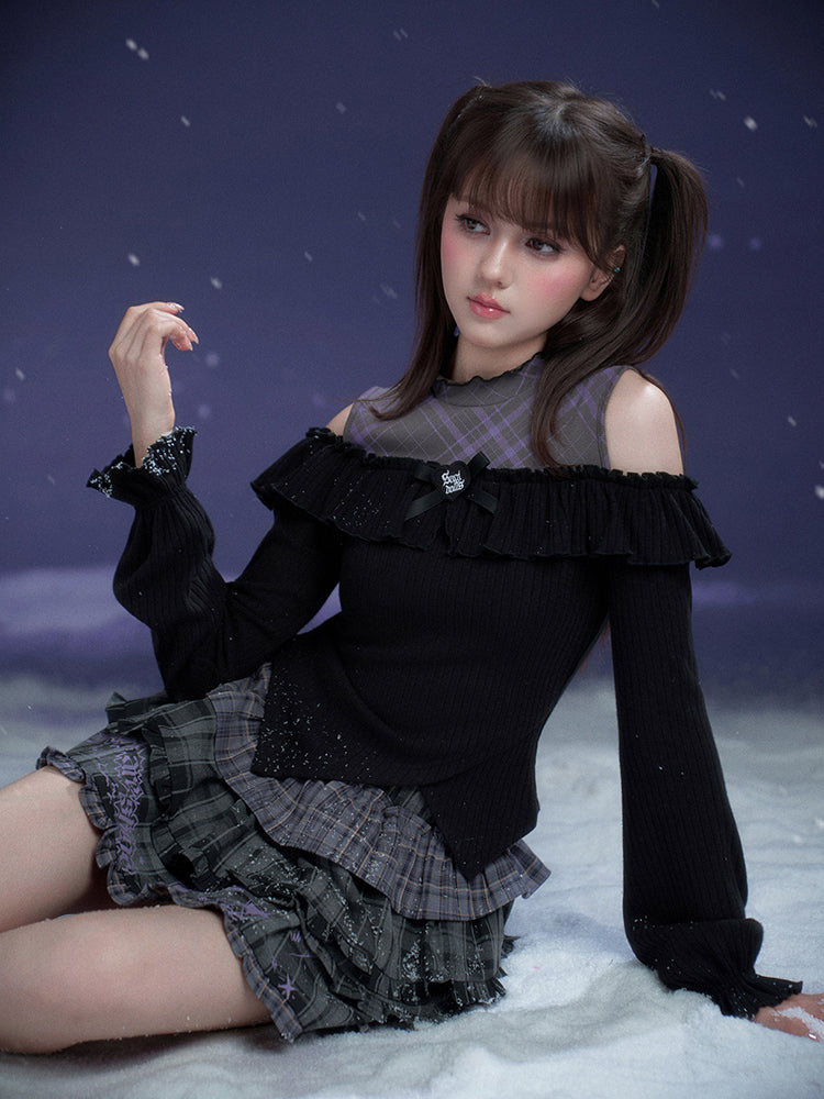 Black Purple Off-Shoulder Long Sleeve Top