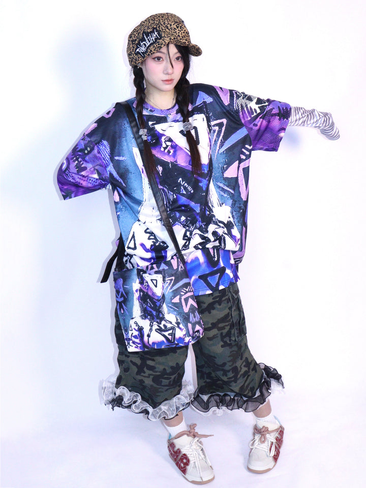 Purple Cyber Graphic Oversized T Shirt