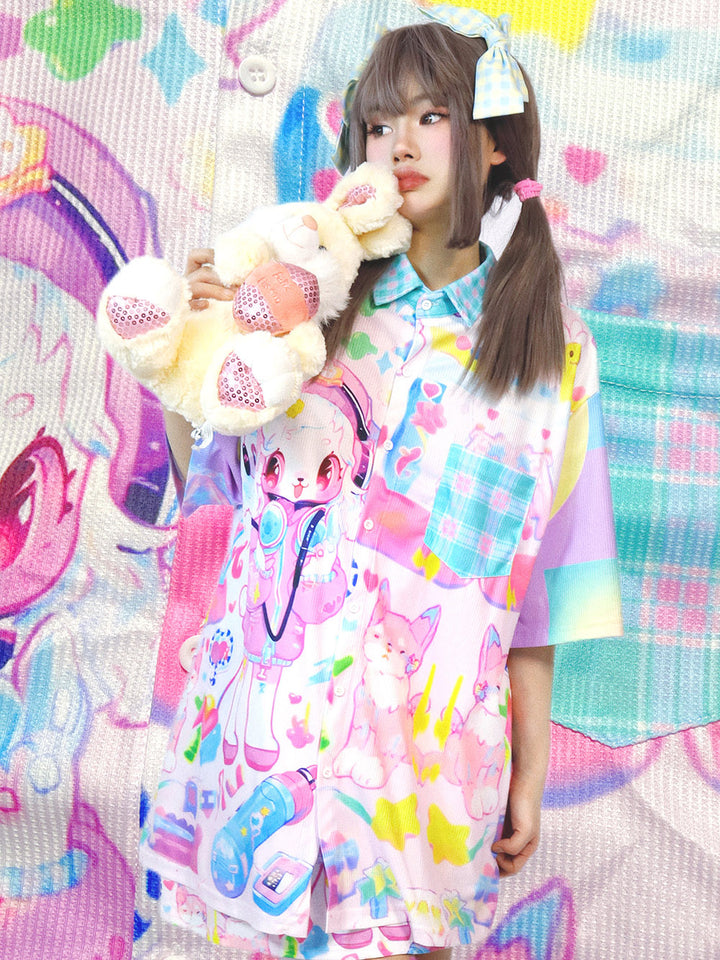 Kawaii Pastel Cartoon Button Up Shirt