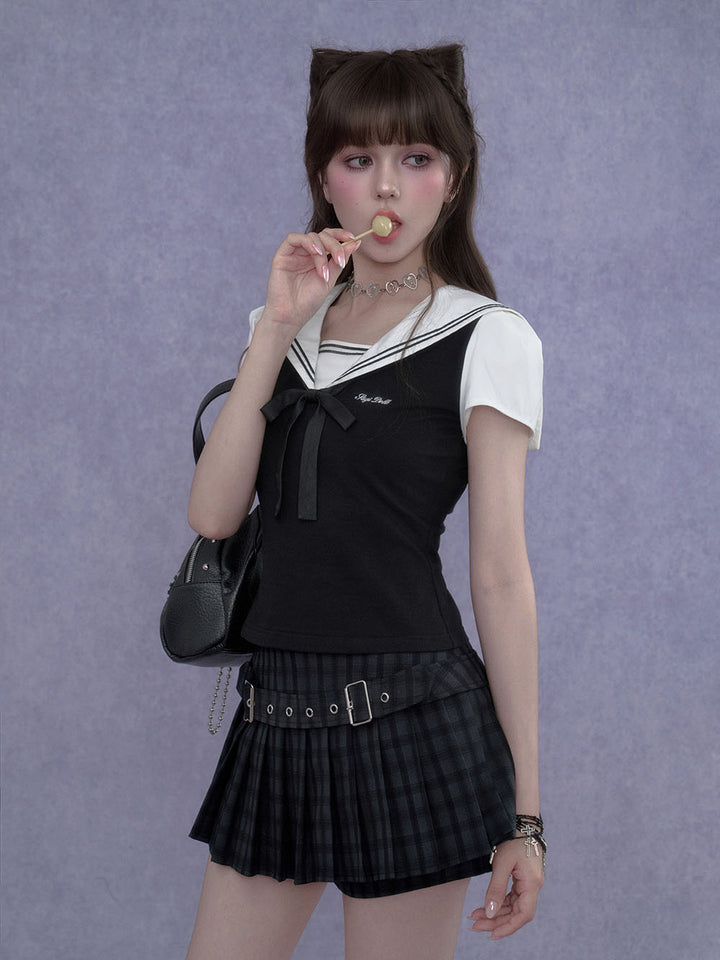 Black Plaid Double Buckle Pleated Mini Skirt