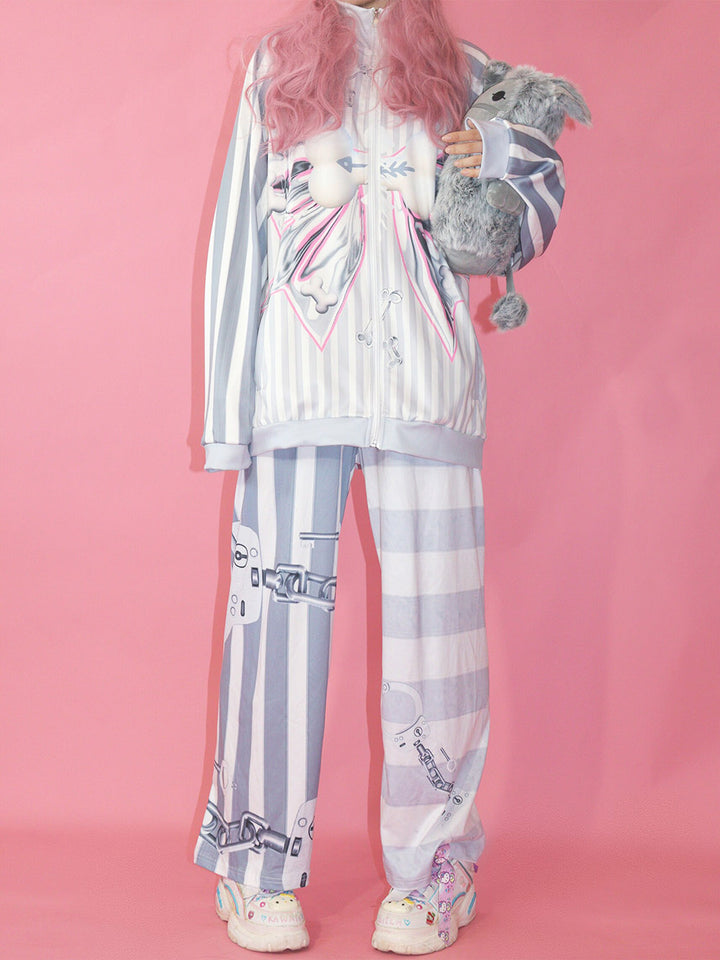 Grey Striped Bow Print Zip Jacket