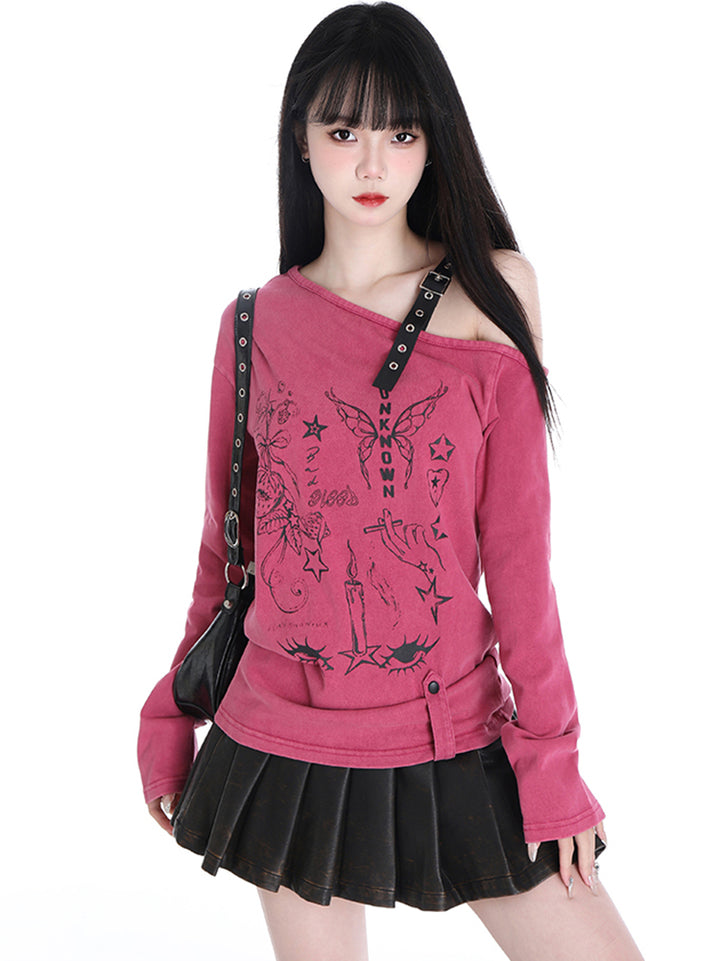 Spring Autumn American-style Printed Off-shoulder Pink/Gray Sweatshirt