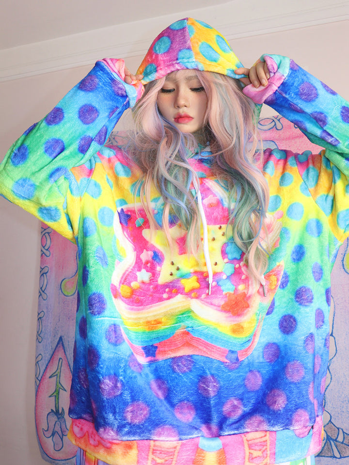 Rainbow Polka Dot Star Fuzzy Hoodie