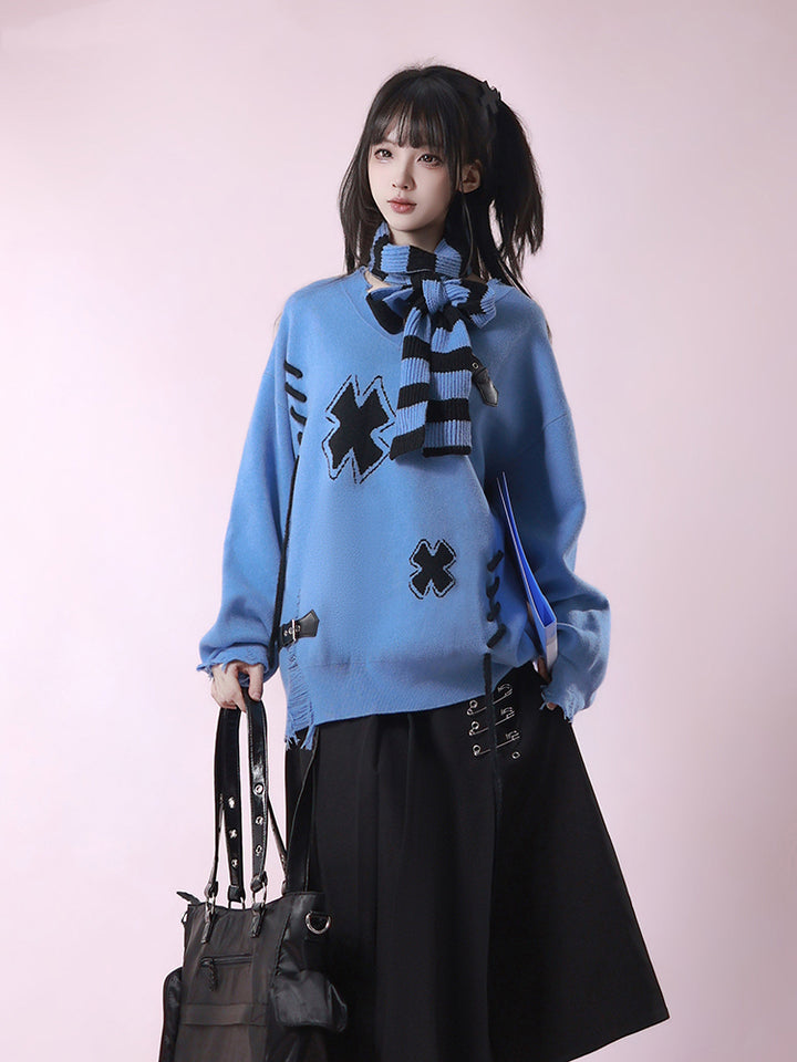 Grunge Distressed Cross Knit Sweater