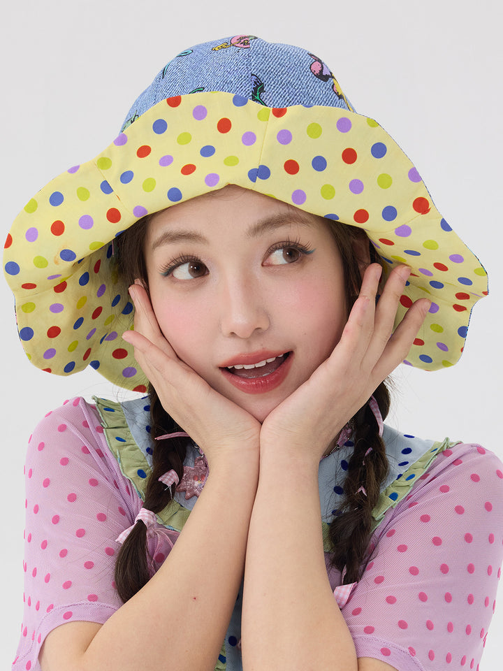 Blue Cartoon Polka Dot Wavy Bucket Hat