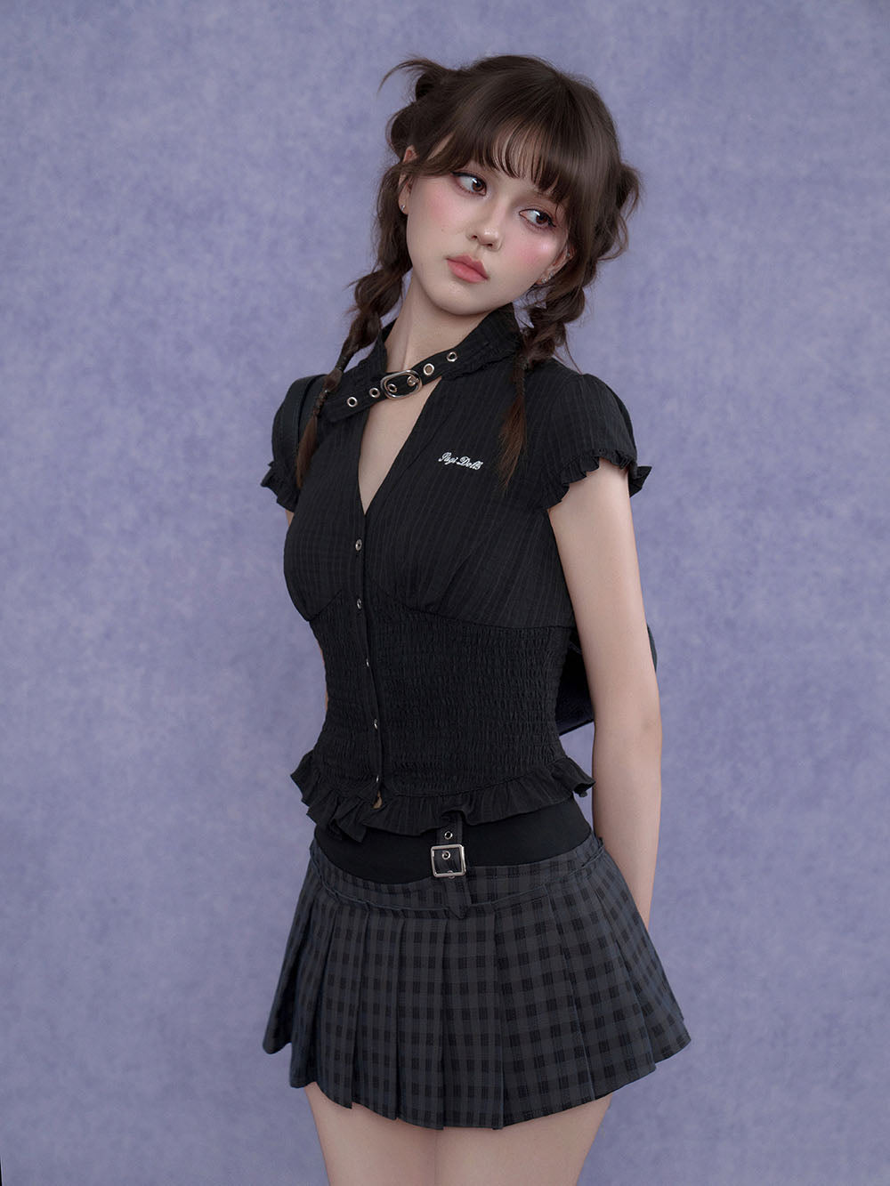 Gray Plaid Buckle Pleated Skort