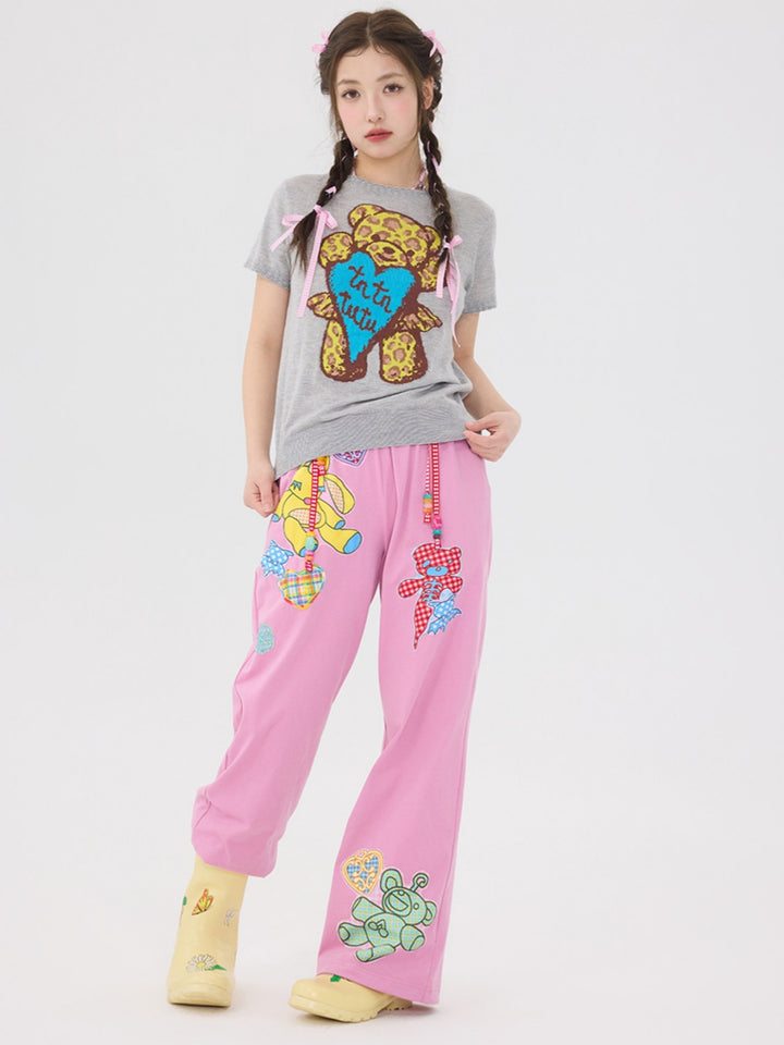 Pink Teddy Bear Patch Wide Leg Pants