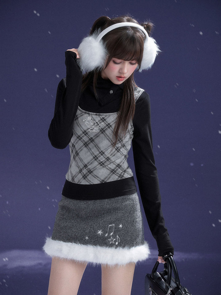 Gray Faux Fur Hem Embroidered Mini Skirt
