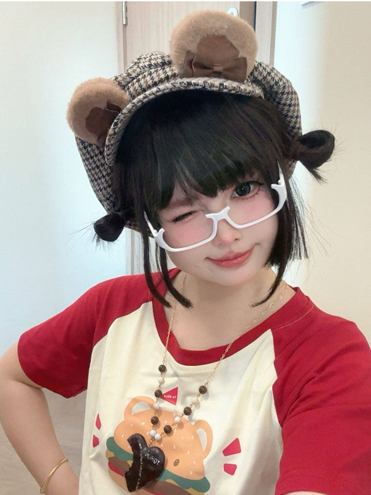 Brown Houndstooth Bear Ear Beret