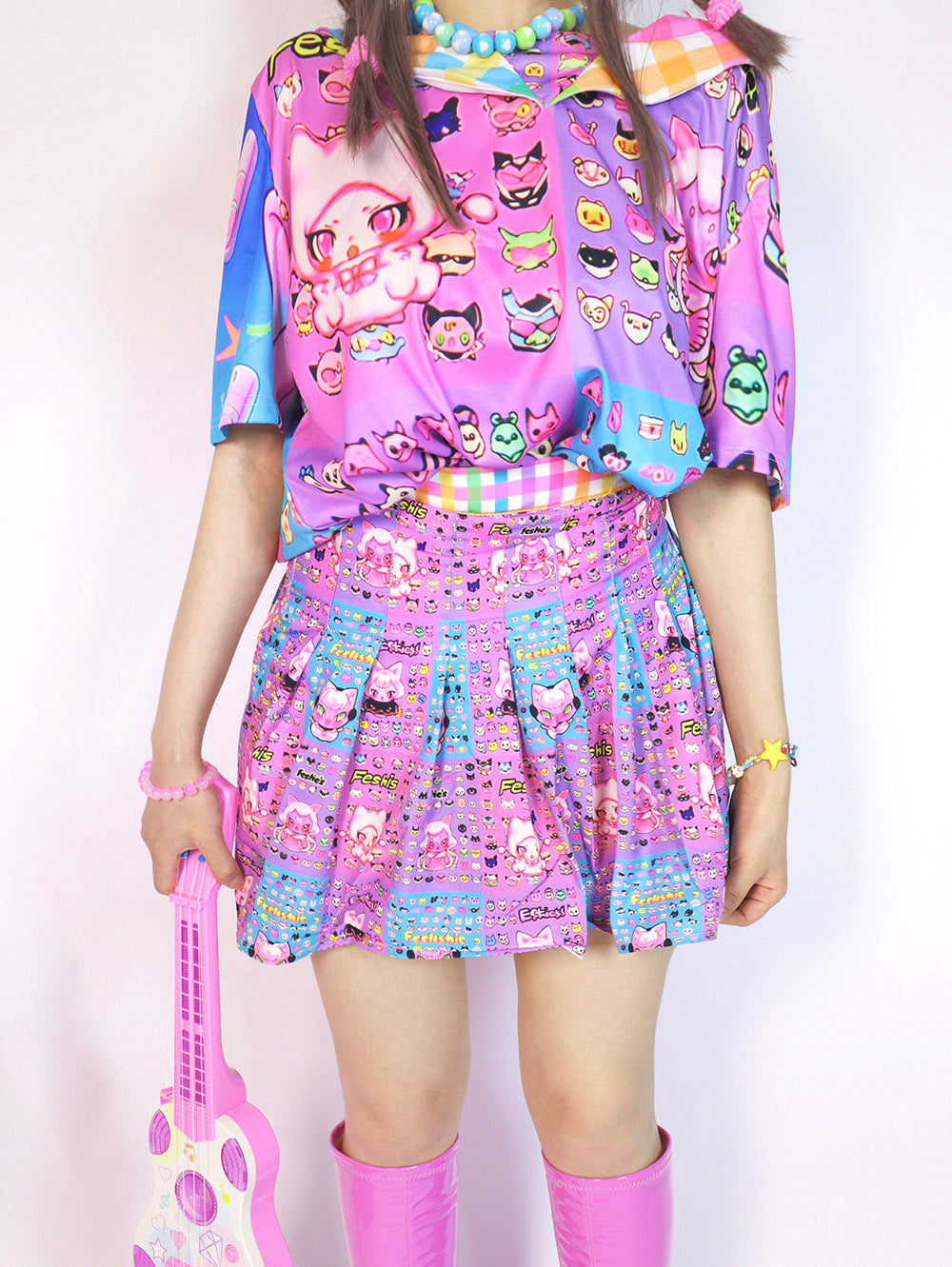 Kawaii Cat Print Sailor Collar T-Shirt