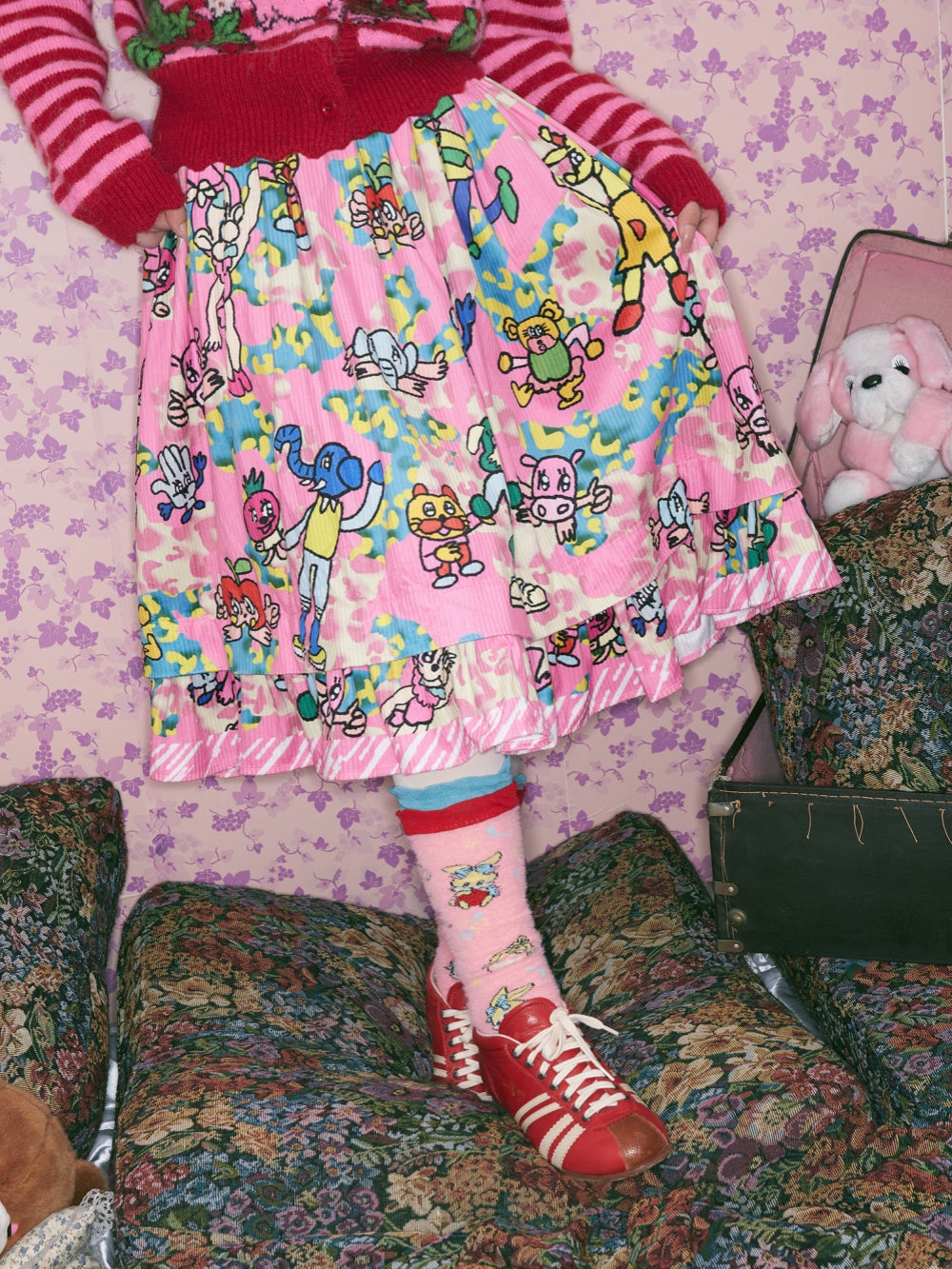 Pink Cartoon Print Ruffle Skirt