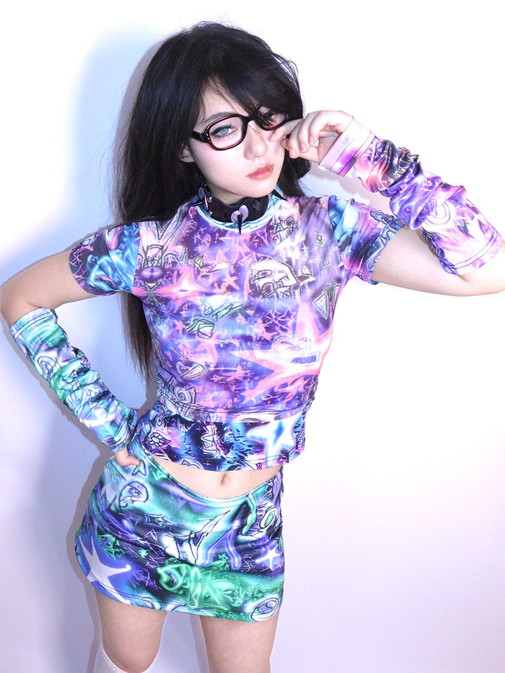 Y2K Purple Star Graphic Crop T-Shirt