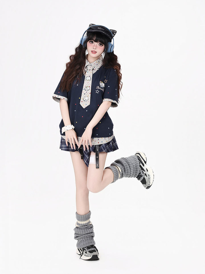 Star Print Collar Tie T Shirt