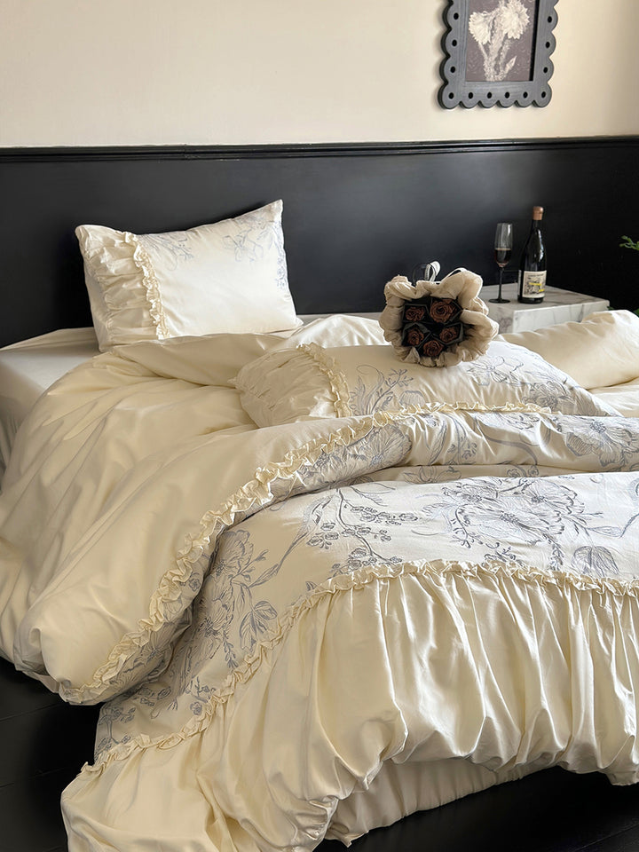 Floral Embroidery Ruffled Lace Cotton Bedding Set