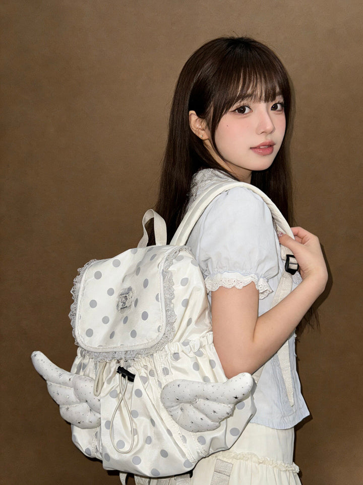 Cream Polka Dot Angel Wings Drawstring Backpack
