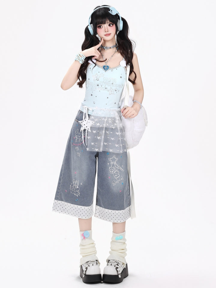 Kawaii Doodle Embroidered Cropped Wide Leg Jeans