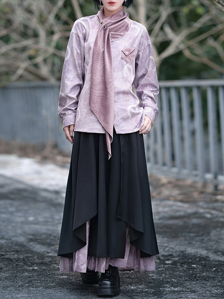 Chinese-Style Printed Asymmetrical Pleated Skirts Pants