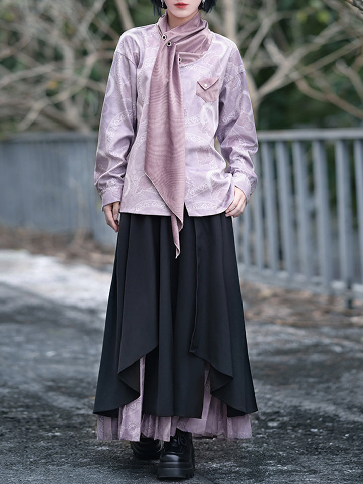 Chinese-Style Printed Asymmetrical Pleated Skirts Pants