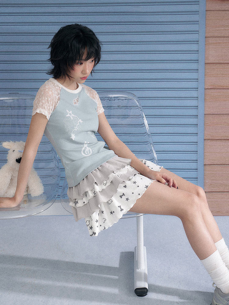 Pastel Blue Lace Sleeve Star Graphic Raglan Top