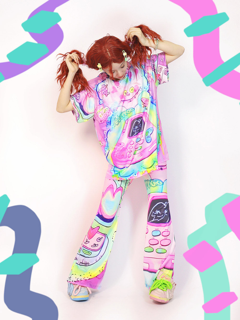 Y2K Pastel Phone Graphic Wide Leg Pants