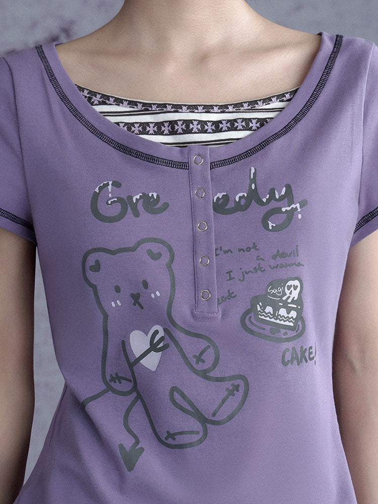 Whimsical Purple Henley Graphic Tops