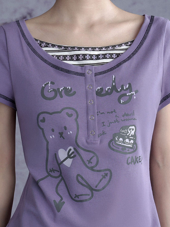Whimsical Purple Henley Graphic Tops