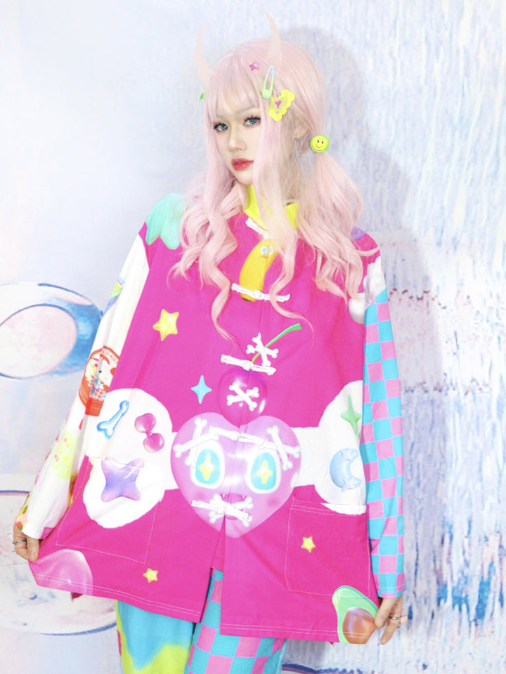 Pink Checkerboard Graphic Mandarin Collar Jacket