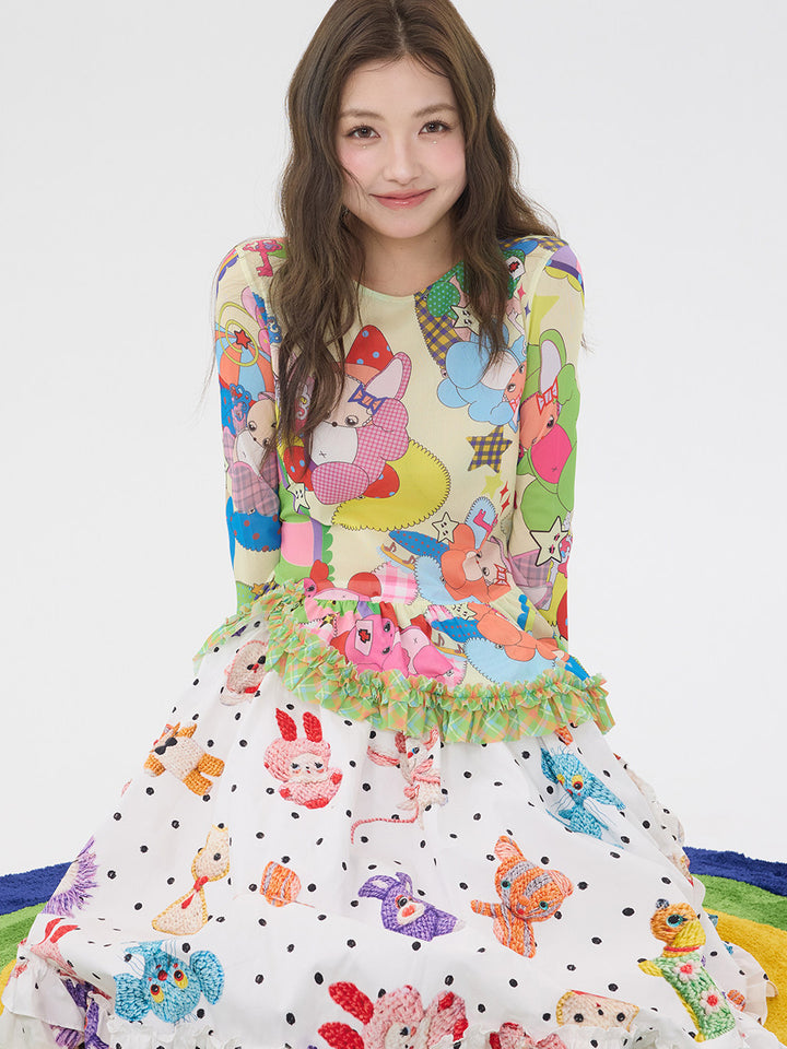 Colorful Cartoon Ruffle Layering Top