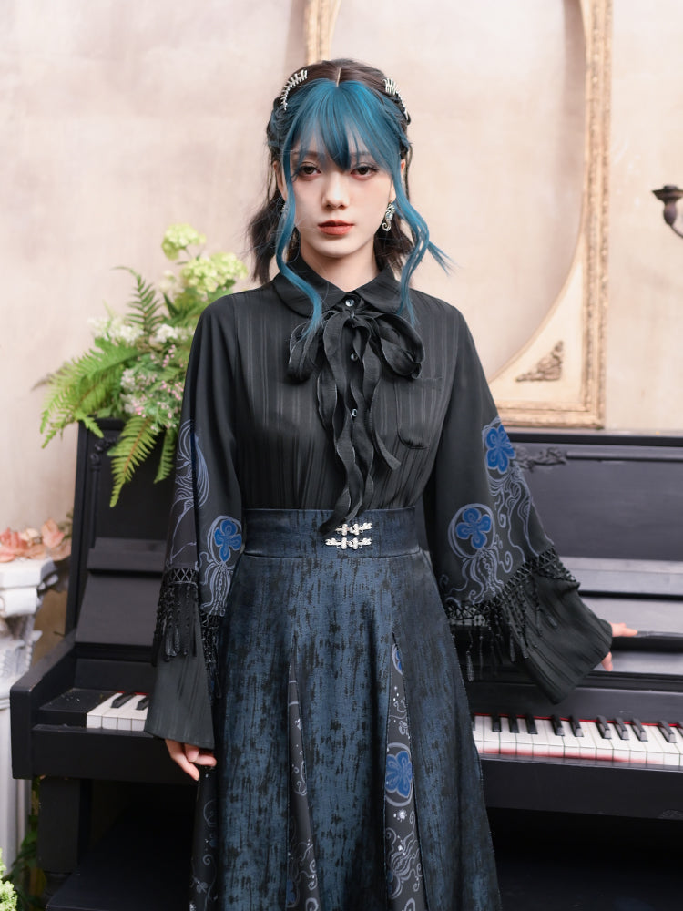 Blue Tears' Black Sweet-Cool Style Shirt with Double-Layer Sleeves