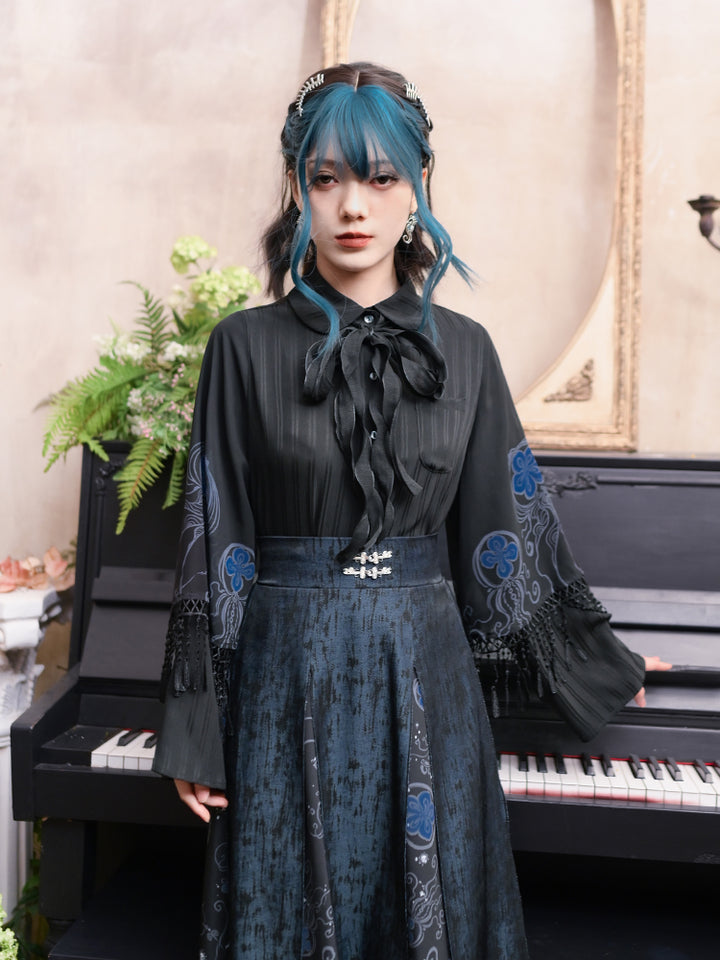Blue Tears' Black Sweet-Cool Style Shirt with Double-Layer Sleeves