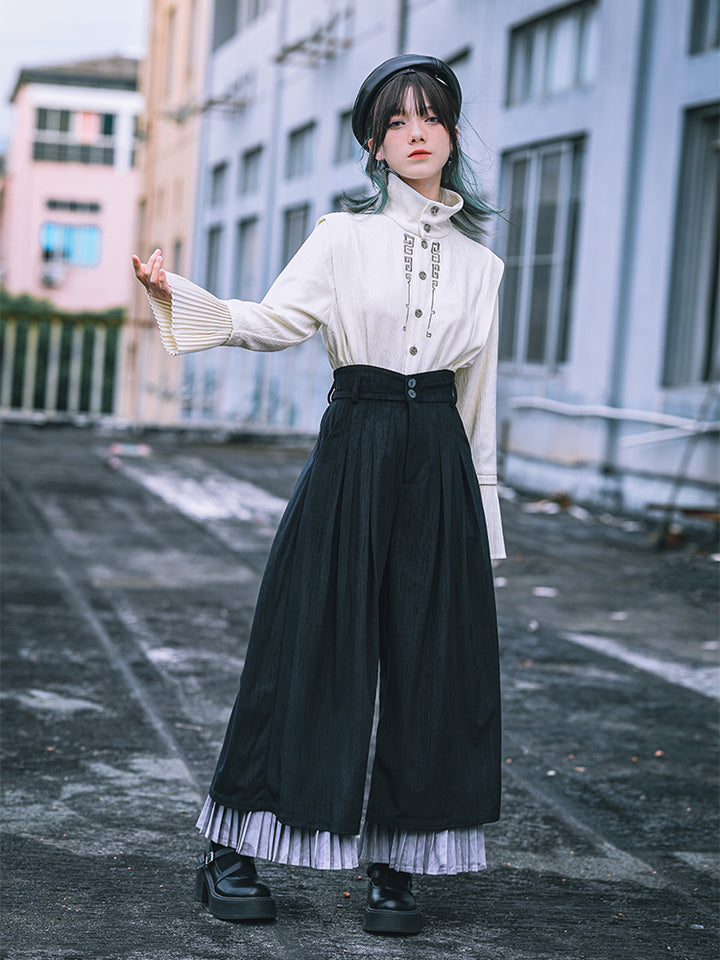 Chinese-style Embroidered Pleated Sleeve Stand Collar Shirt