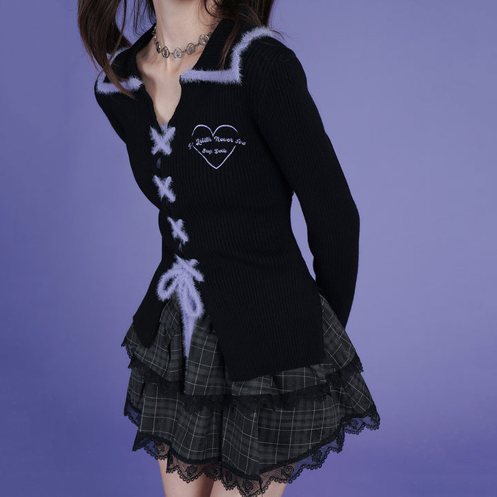 Black and Purple Sweet Cool Slim-Fit Knit Cardigan